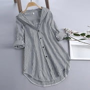 Cotonie Blouses for Women Plus Size Loose Button down Stripe Long Sleeve Shirt Tops Office Work Blouses Black,XXL