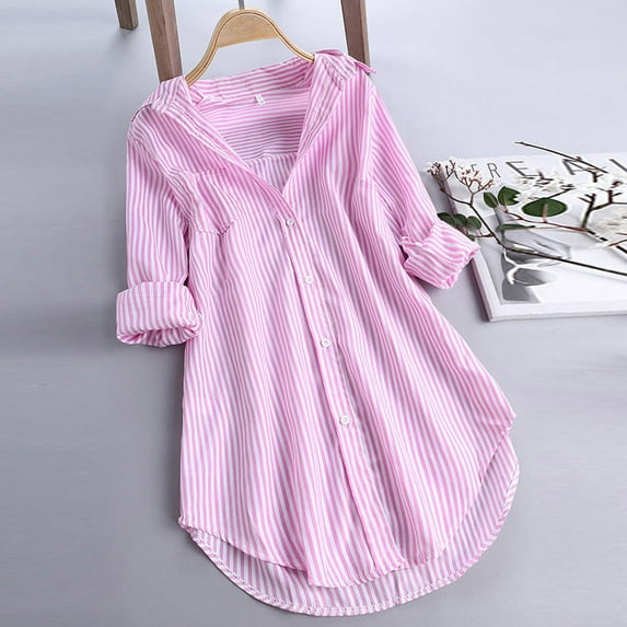 Cotonie Blouses for Women Plus Size Loose Button down Stripe Long Sleeve Shirt Tops Office Work Blouses Pink,L