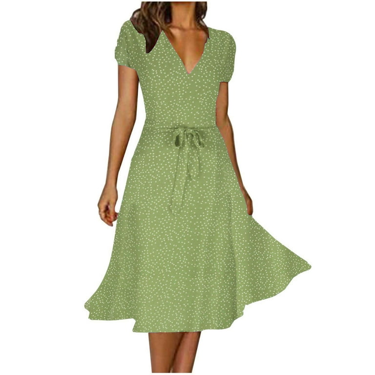 Cotonie Boho Dresses for Women Casual Dress Summer Dress V Neck Solid Color Polka Dot Print Dress Short Sleeve Lace Up Tie Dress Light Green S Walmart