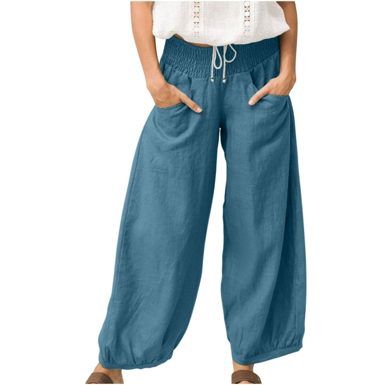 Cotton Women Linen Wide Leg Trousers Elastic High Waist Loose Pants Baggy  Summer