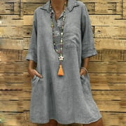 Cotonie Fashion Women Loose V-Neck Solid 3/4 Sleeve Cotton And Linen Dress