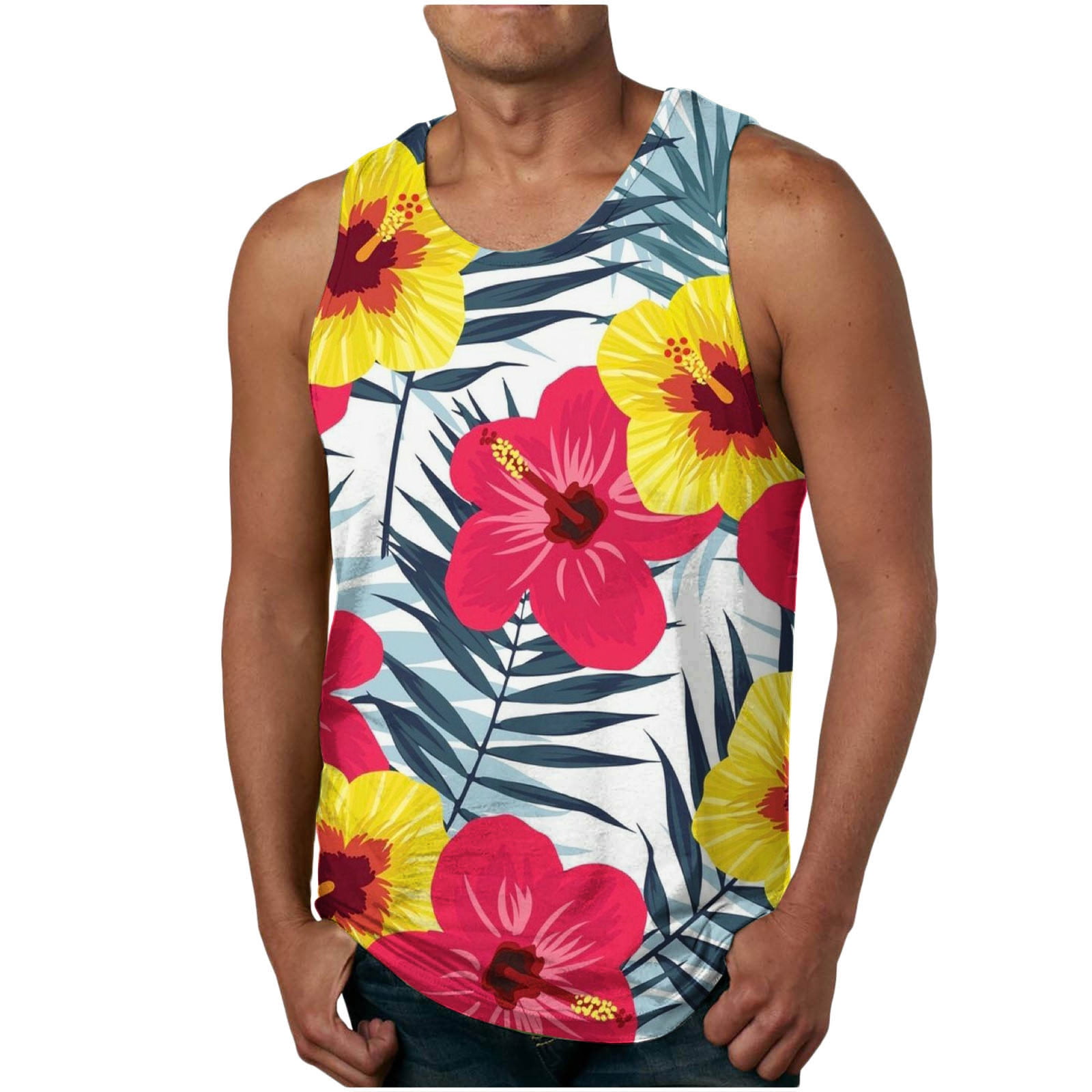 Cotonie Hawaiian Tanks Tops for Mens Printed Floral Graphic Sleeveless  Beach Tank Top Muscle Shirt for Workout Gym Jogging Vacation 