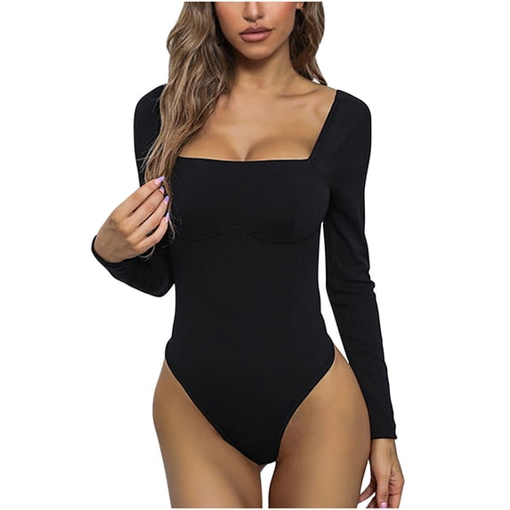Cotonie Long Sleeve Bodysuit for Women, Tummy Control Leopard Shapewear Square Neckline Bodysuit Basic Jumpsuit Black S
