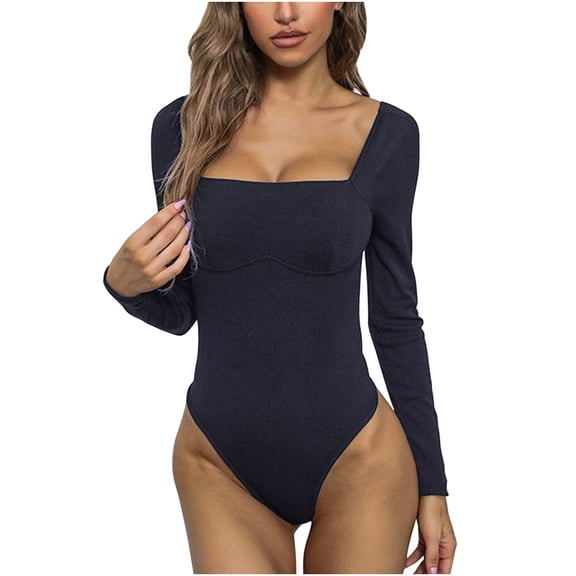 Cotonie Long Sleeve Bodysuit for Women, Tummy Control Leopard Shapewear Square Neckline Bodysuit Basic Jumpsuit Navy S