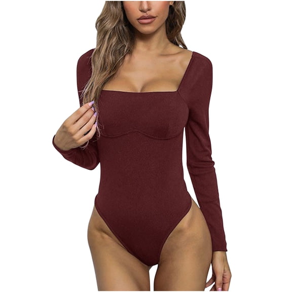 Cotonie Long Sleeve Bodysuit for Women, Tummy Control Leopard Shapewear Square Neckline Bodysuit Basic Jumpsuit Wine M