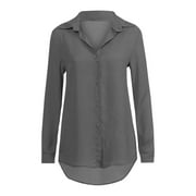 Cotonie Long Sleeve Shirts for Women Button Down Shirt Chiffon Turn-down Collar Shirts Casual Solid Color Blouse Gray XXXXL