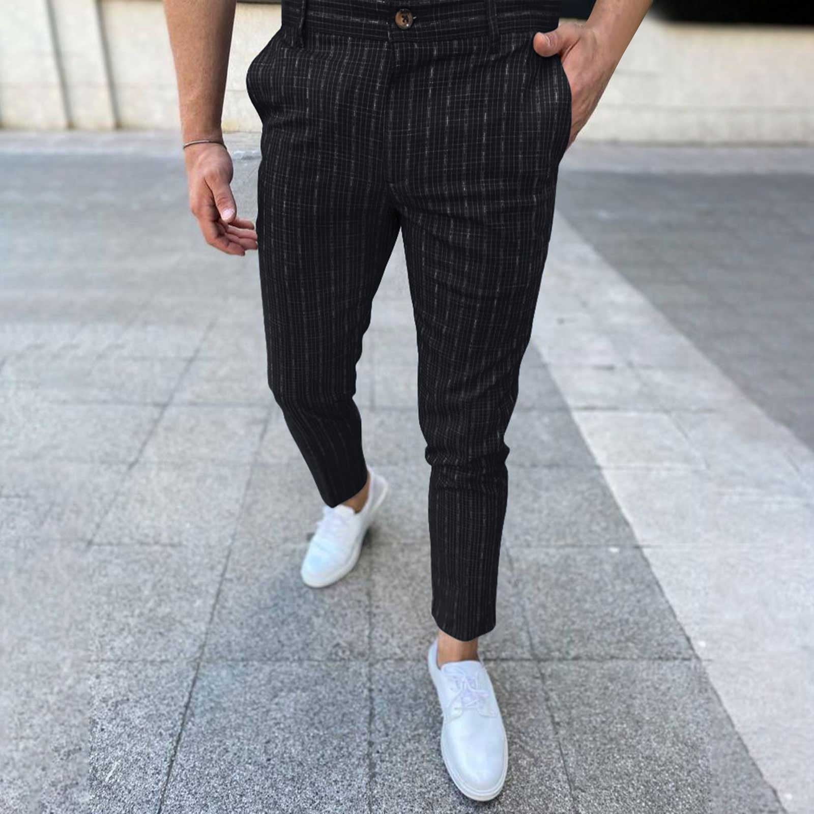 Elevate Your Style with Our Sophisticated Plaid Striped Slacks | Mens pants  casual, Black slim fit trousers, Slim fit cotton pants