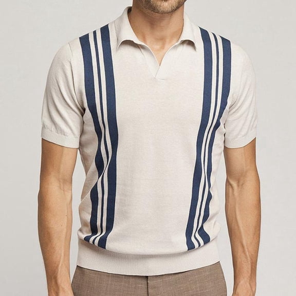 Cotonie Men's Short Sleeve Polo Shirt Knit Striped Lapel Shirt Tops