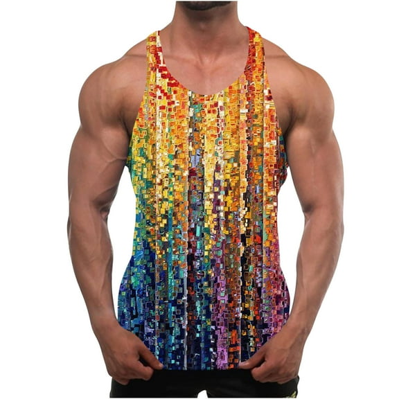 Cotonie Men's Tank Tops Gym Workout T-Shirt Y-Back Sleeveless Muscle Tops 3D Print Fitness Bodybuilding Tank Shirts Yellow XXXXL