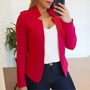 Cotonie Open Front Blazer for Women Casual Business Work Cropped Jackets Long Sleeve Solid Office Short Cardigans Red,L