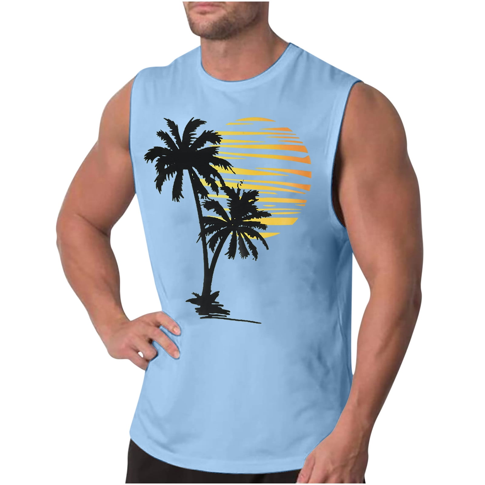 Cotonie Palm Tree Tanks Tops for Mens Hawaiian Printed Graphic Sleeveless  Beach Tank Top Muscle Shirt for Workout Gym Jogging 