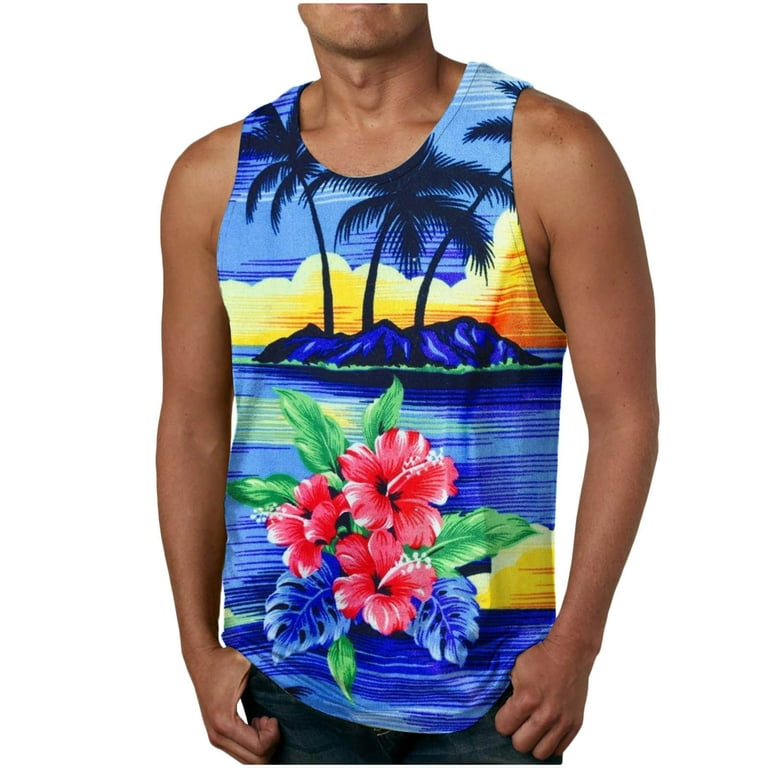 Cotonie Palm Tree Tanks Tops for Mens Sunset Printed Graphic Sleeveless  Beach Tank Top Muscle Shirt for Workout Gym Jogging Vacation 