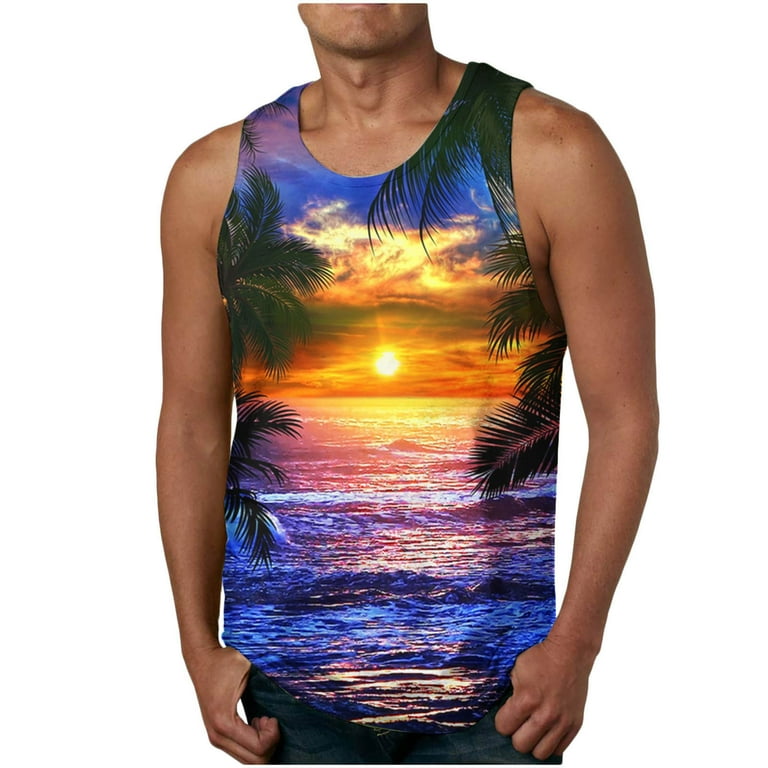 Cotonie Palm Tree Tanks Tops for Mens Sunset Printed Graphic