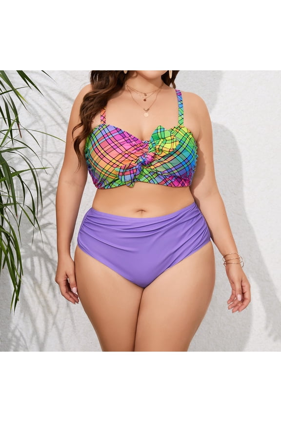 Plus Size 2 Piece Bikini Set for Women Print Ruffles Push Up Bikini Briefs Swimwear for Ladies Purple 3XL