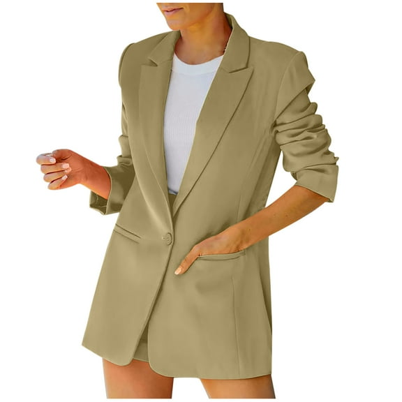 Cotonie Solid Color Lapel Casual Blazer for Women Long Sleeve Turn Down Collar Jacket, Yellow, XL