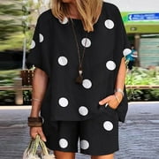 Cotonie Women Casual 2 Piece Set Summer Round Neck Printed Short Sleeve Tops And Shorts Two Pieces Set Suit Big Sale M