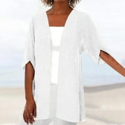 Cotonie Women Cotton Linen Cardigan Summer Casual Elbow-Length Sleeve Tops White,XL