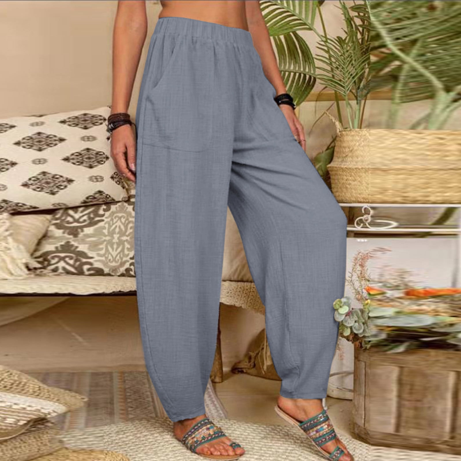 Cotonie Women Cotton Linen Harem Pants Loose Yoga Pants with Pockets  Elastic Waist Wide Leg Solid Color Casual Long Pants Dance Workout Joggers  Pants 