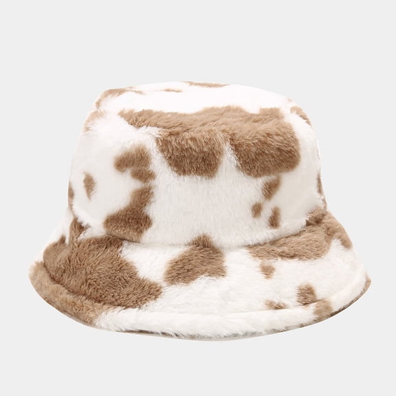 Cotonie Women's Autumn and Winter Fashion Cow Print Basin Hat Plush Fisherman Hat Warm Hat