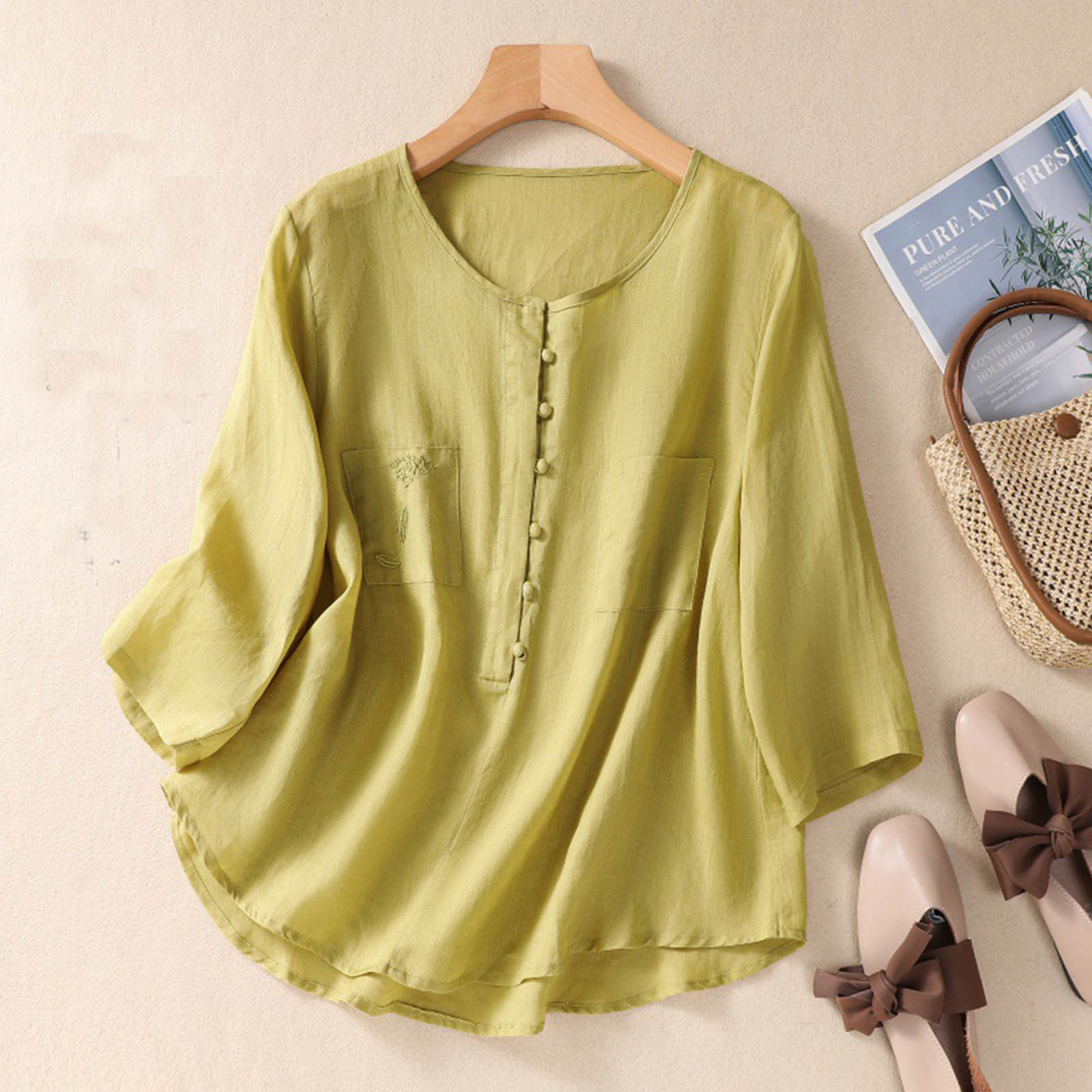 Cotonie Women's Button Down Blouse Office Work Solid Color Long Sleeve