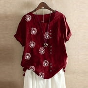 Cotonie Women's Plus Size Casual Cotton Linen Shirts Summer Loose Short Sleeve Crew Neck Loose Dandelion Print Blouse Button Down Top