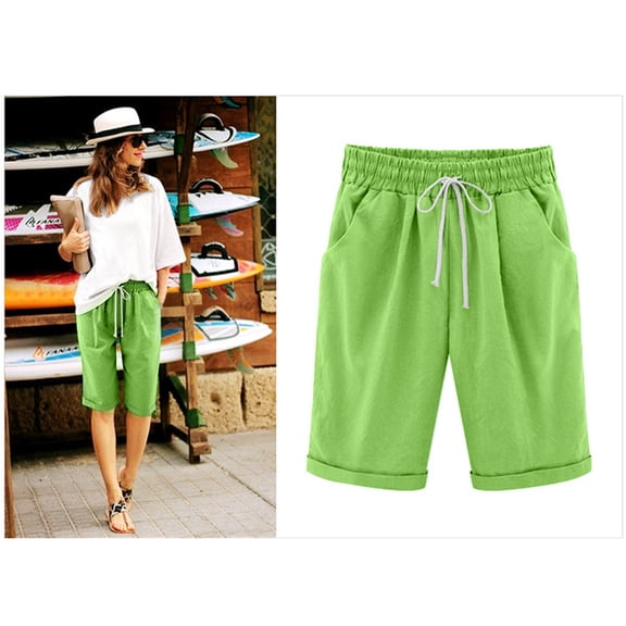 Cotonie Women's Plus Size Cotton Linen Shorts Summer Casual Solid Color Knee-length Shorts High Waist Drawstring Shorts with Pockets