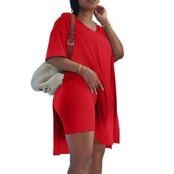Cotonie Women's Shorts Sets Casual Plus Size 2 Piece Outfits Short Sleeve Loose Tops Solid Color V-Neck Blouse T-shirt Biker Tracksuits
