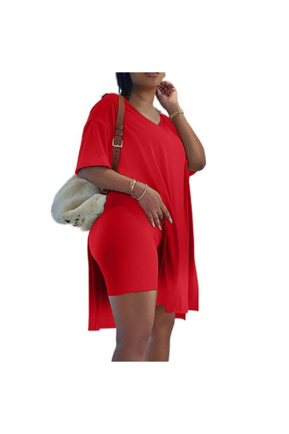 Women's Shorts Sets Casual Plus Size 2 Piece Outfits Short Sleeve Loose Tops Solid Color V-Neck Blouse T-shirt Biker Tracksuits