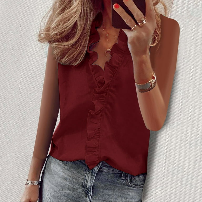 Casual Solid Color Ruffle V Neck Blouses Casual Solid Color Ruffle V Neck Blouses