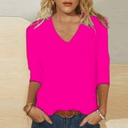 Cotonie Womens Blouses 3/4 Sleeve Casual Solid Color V-Neck Shirt Tops Hot Pink,M