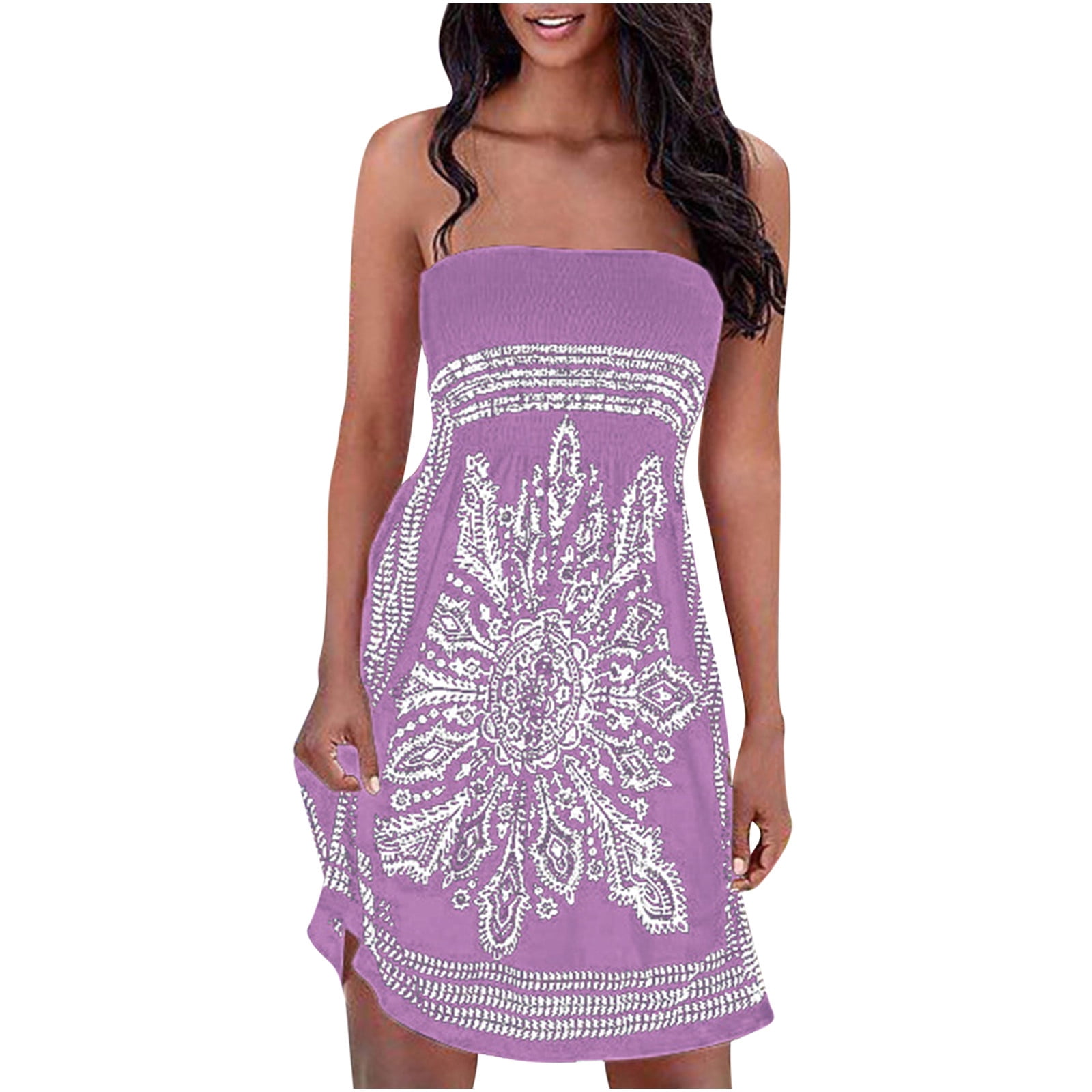Cotonie Womens Boho Tube Dress Floral Print Strapless Dresses Sleeveless  A-Line Skirt Dress Beach Hawaiian Casual Dress
