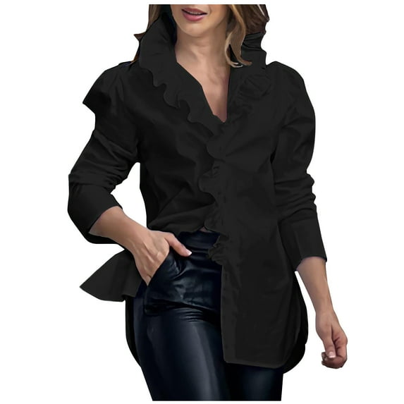 Cotonie Womens Long Sleeve Shirts Ruffles Puff Sleeve Shirt Summer Tops Casual Turndown Collar Button V Neck T Shirts Cute Tops Shirts