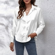 Cotonie Womens Turndown Collar Button down Blouses Basic Long Sleeve Shirt Tops White,XXL