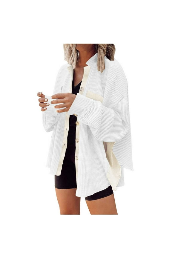 Womens Waffle Knit Shacket Long Sleeve Stand Collar Shirt Jacket with Pockets White,L