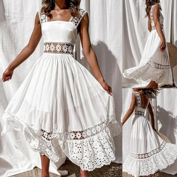 Cotonie Womens White Dress Lace Strap Boho Dress Waist Cutout Square Neckline Sleeveless Dresses Party Beach Dress Flowy Swing Summer Maxi Dress