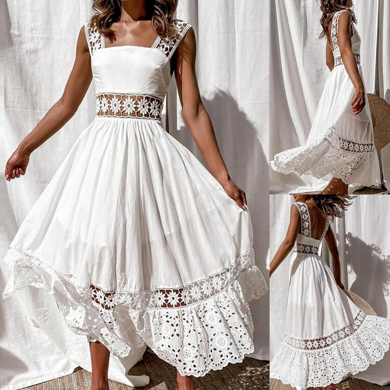 Cotonie Womens White Dress Lace Strap Boho Dress Waist Cutout Square  Neckline Sleeveless Dresses Party Beach Dress Flowy Swing Summer Maxi Dress  