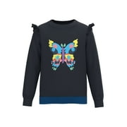 Cotonly Girls Papillon Ruffle Sweatshirt - After Midnight Blue, Fleece Winter Wear with Colorful Butterfly Graphic Print, 100% Organic Cotton, Sizes 1T-12 Years