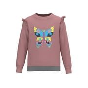 Cotonly Girls Papillon Ruffle Sweatshirt - Blush/Dusky Pink, Fleece Winter Wear with Colorful Butterfly Graphic Print, 100% Organic Cotton, Sizes 1T-12 Years