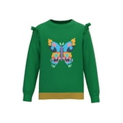 Cotonly Girls Papillon Ruffle Sweatshirt - Green, Fleece Winter Wear with Colorful Butterfly Graphic Print, 100% Organic Cotton, Sizes 1T-12 Years
