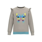 Cotonly Girls Papillon Ruffle Sweatshirt - Perfectly Pale Taupe, Fleece Winter Wear with Colorful Butterfly Graphic Print, 100% Organic Cotton, Sizes 1T-12 Years