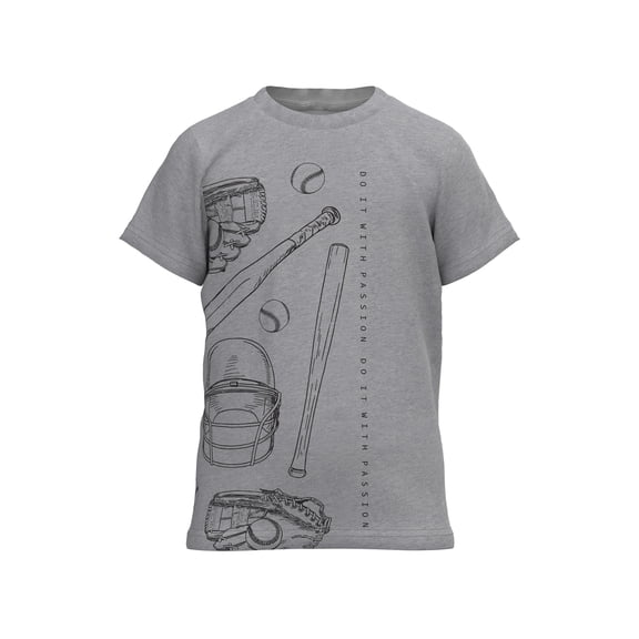 Cotonly Kids Gray Baseball Graphic Short-sleeve T-Shirt with Text "Do it with Passion", 100% Organic Cotton, Sizes 2T-12 Years