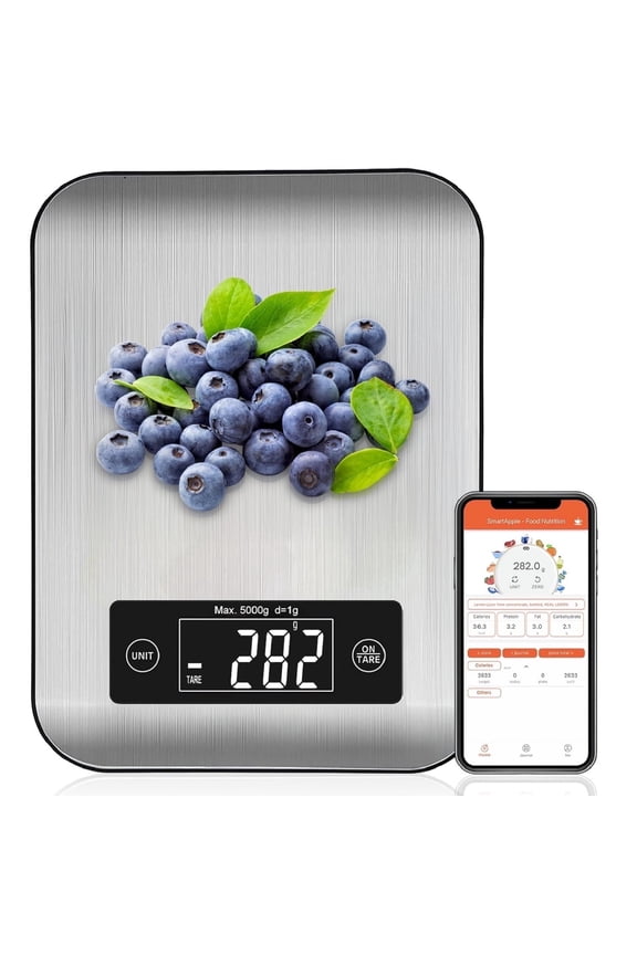 Digital Kitchen Scale with APP, Bluetooth Smart Food Weight Scale ,Stainless Steel, Metal, 11lbs/5kg