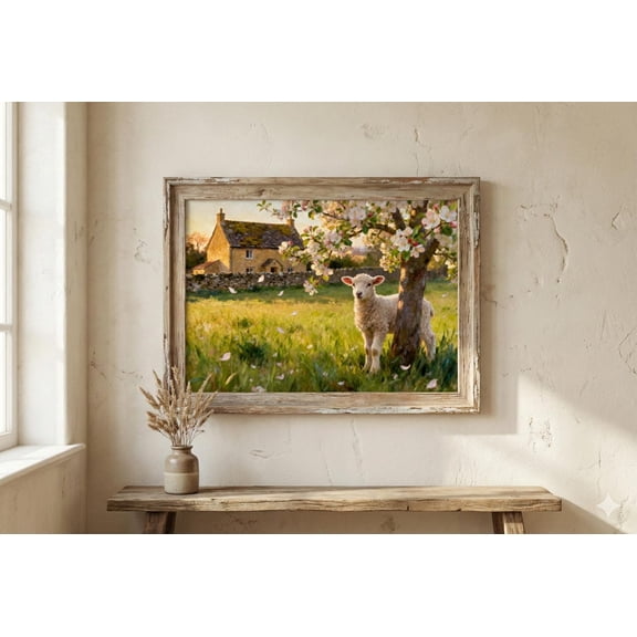 Cotswold Baby Lamb Spring Blossom Farm Scene Cottagecore Decor, Unframed Poster