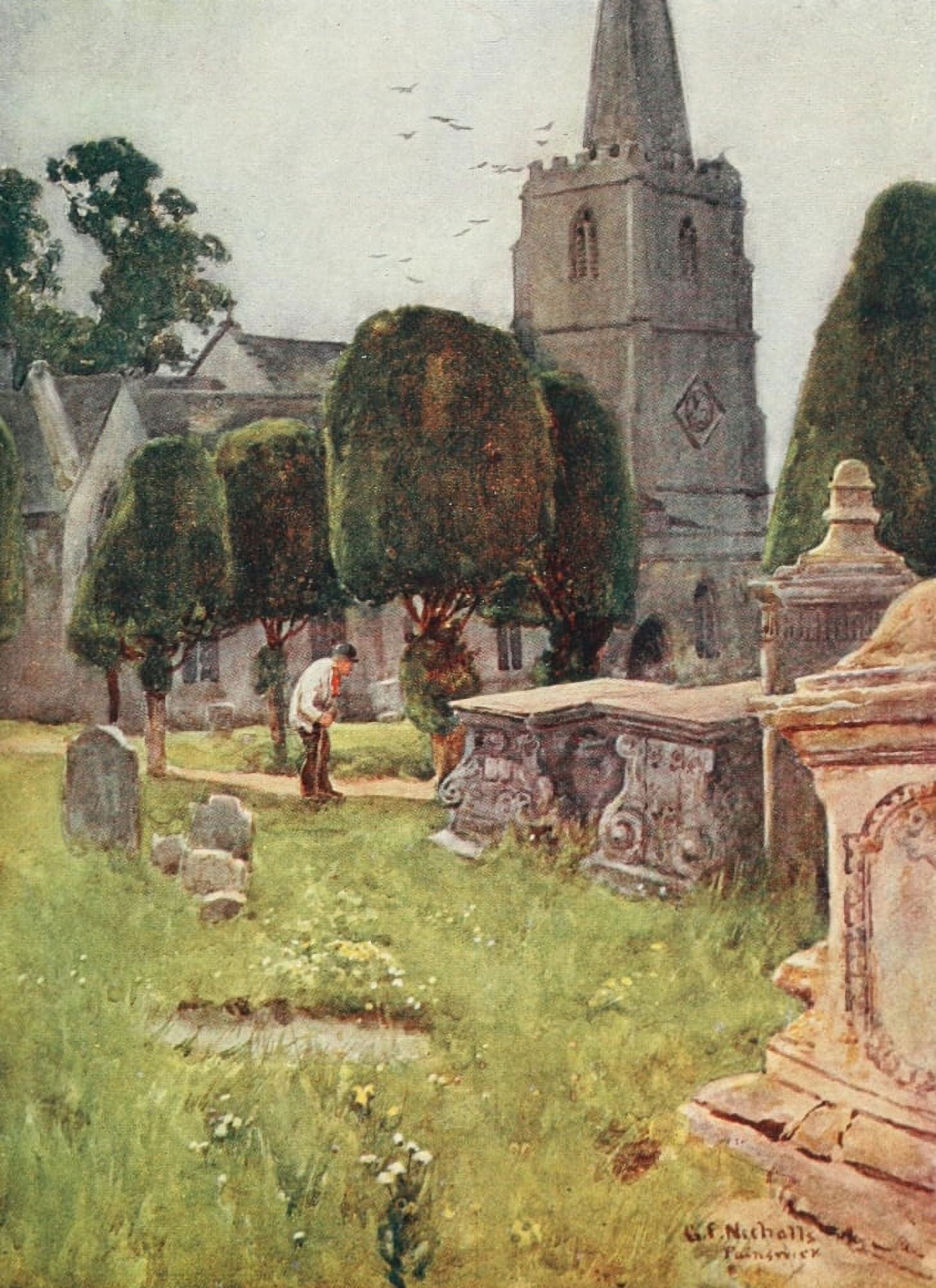 Cotswolds 1920 Painswick Church Canvas Art - George F Nicholls (18 x 24)