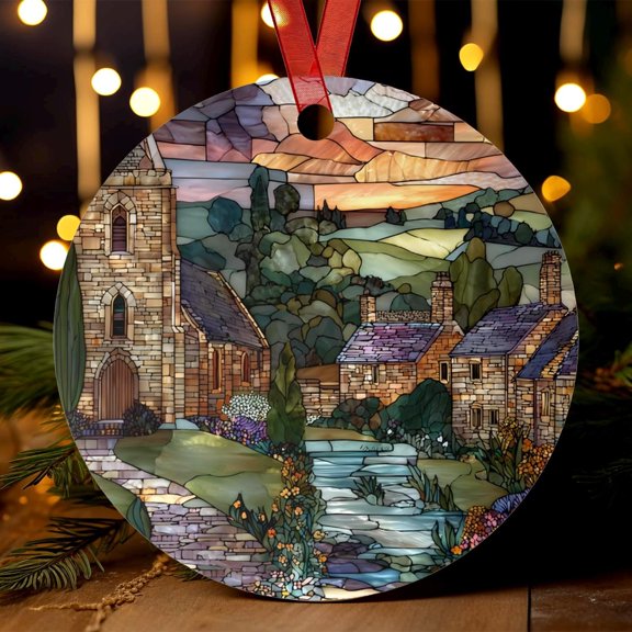 Cotswolds England Ornament | Stained Glass Style | Arlington Row Cottages | UK Christmas Tree Gift