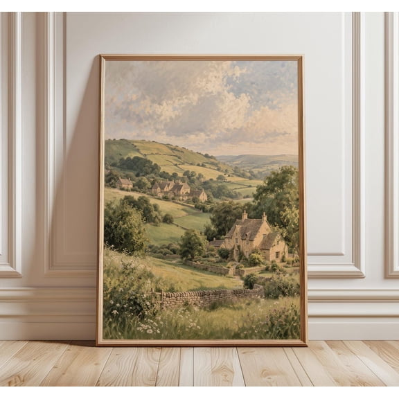 Cotswolds Landscape Print English Countryside Wall Art Rolling Hills Cottage Meadow Decor Rustic Village Art, Unframed Paper Print