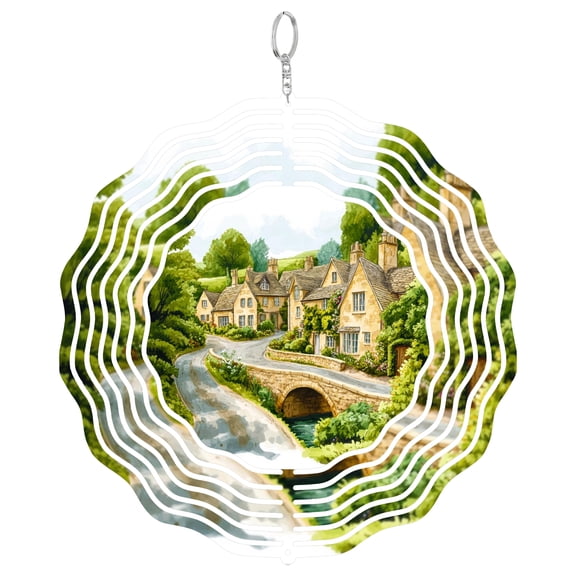Cotswolds Village 3D Wind Spinner UK Stone Cottage Metal Art