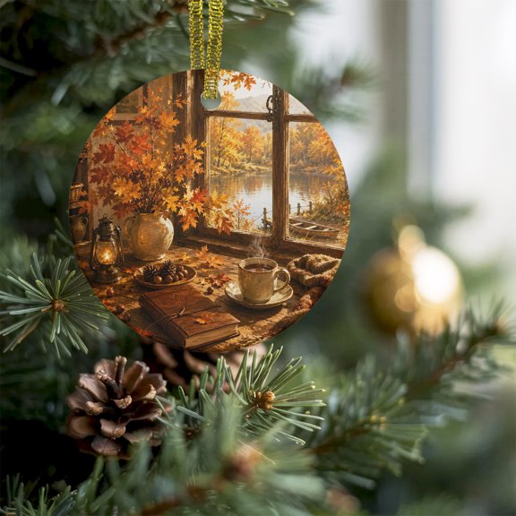 Cottage Autumn Maple Leaves Christmas Ceramic Ornament 2026,3" Round Xmas Tree Hanging Accessories with Gold Ribbon,Rustic Fall Pinecone Coffee Pendant Ornaments for Holiday Gift Home Party Decor