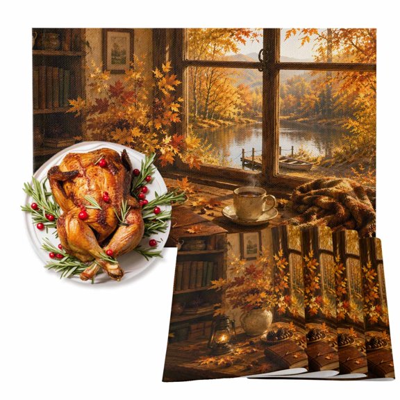 Cottage Autumn Maple Leaves Placemats Set of 6,Wipeable Washable Table Mats for Dining Tables, Rustic Fall Pinecone Coffee Place Mats for Kitchen Event Party Tabletop Decor