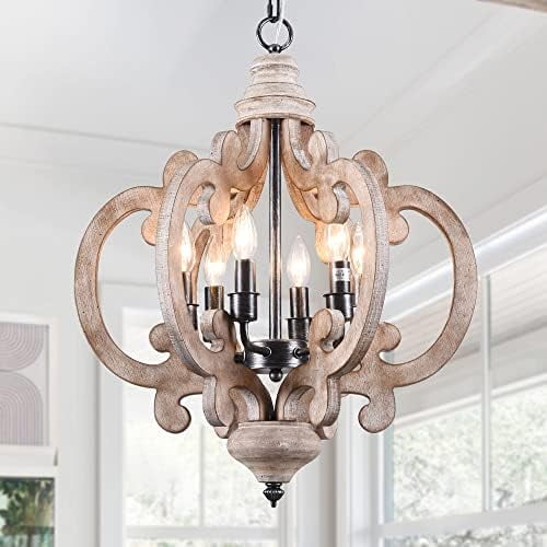 Cottage Chic Farmhouse Chandelier, 6-Light Wood Chandelier Pendant Light Fixture with Adjustable Chain for Dining Room, Living Room, Entryway, Weathered Wood$$Tools & Hardware Other